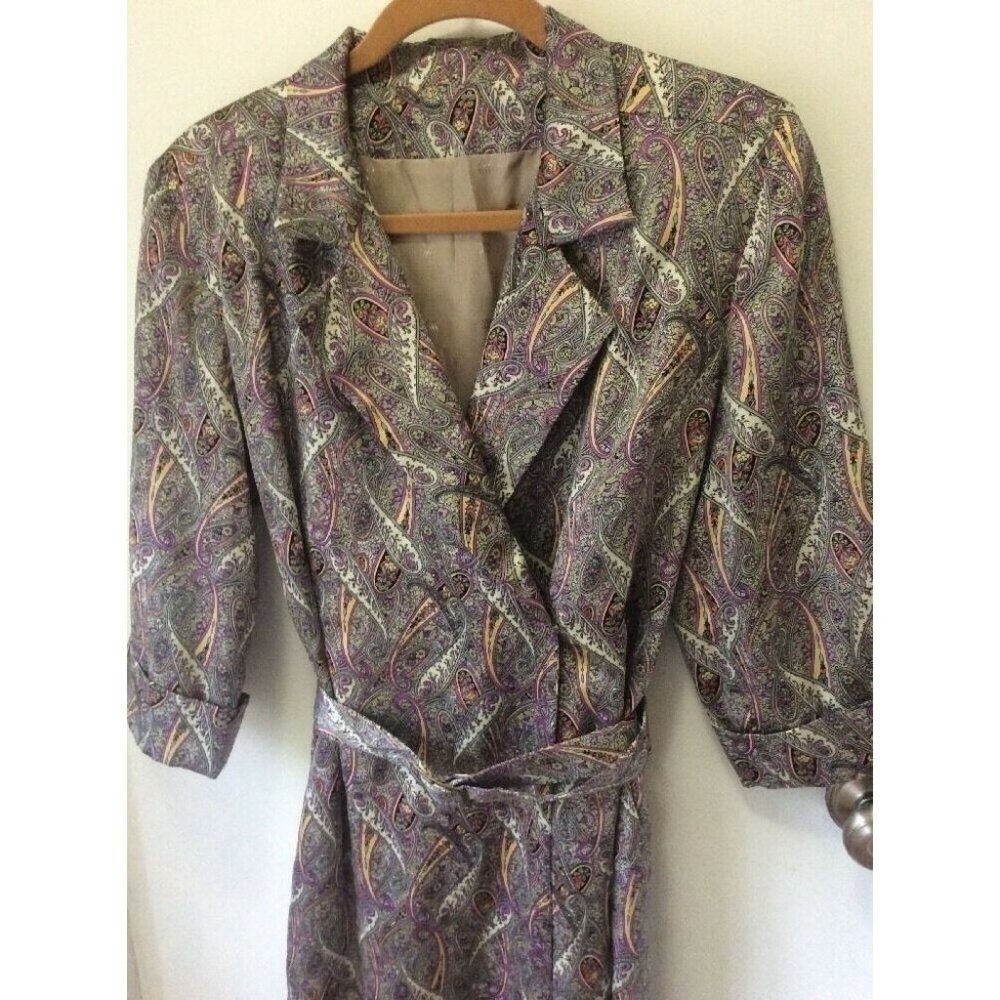 Vintage WRAP-STYLE PAISLEY Robe  loungewear coatdress lined cuffed sleeves silky